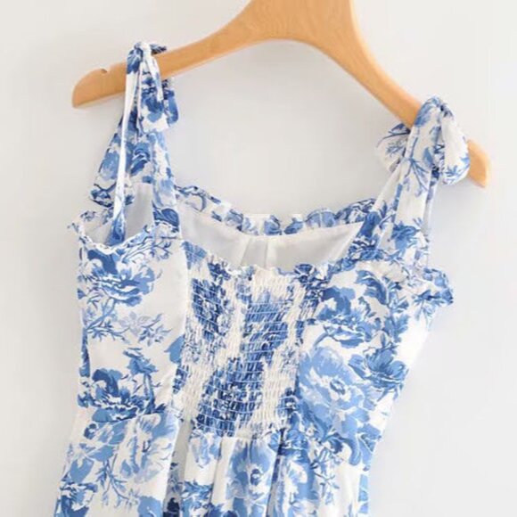 Blue Toile Floral Ruffle Midi Dress by Manu Reformation Nikita Olympia Size 10 - Picture 8 of 16